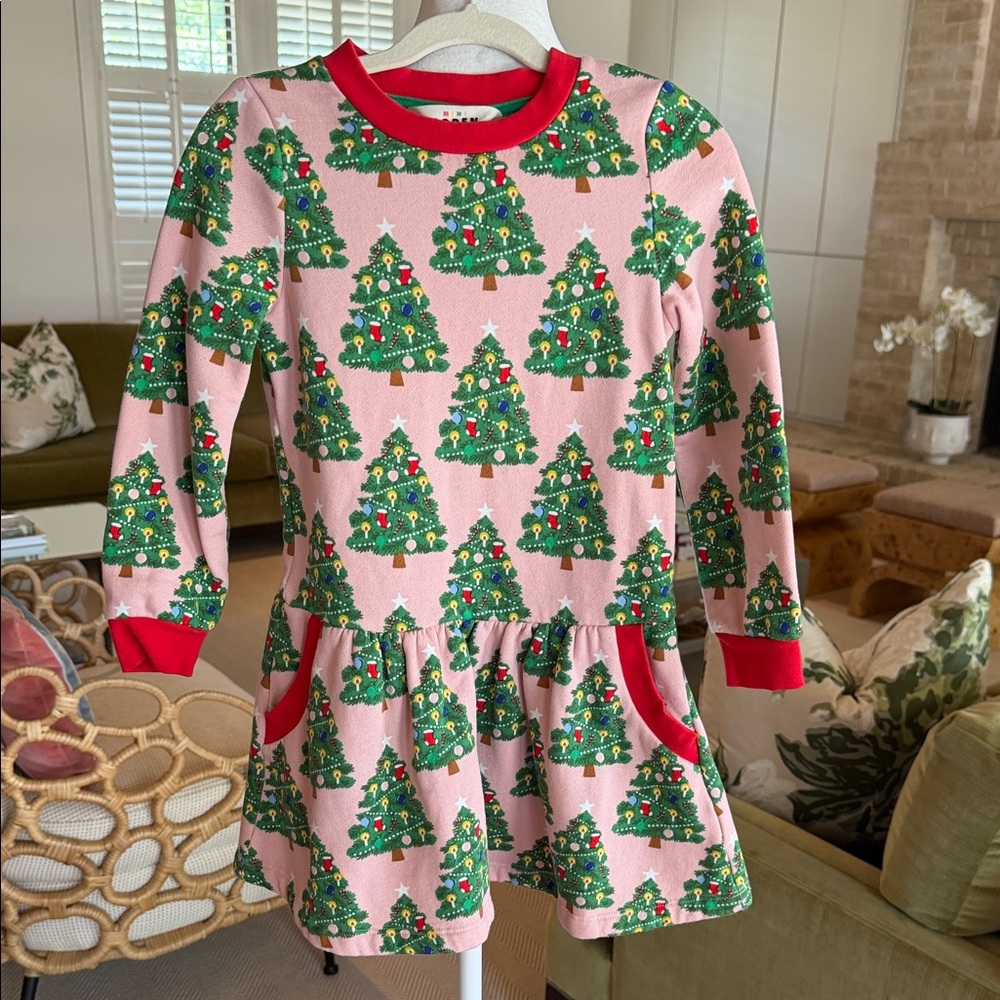 Mini Boden- Girls Cosy Printed Sweatshirt Dress - Pink Christmas Tree - Size:6-7
